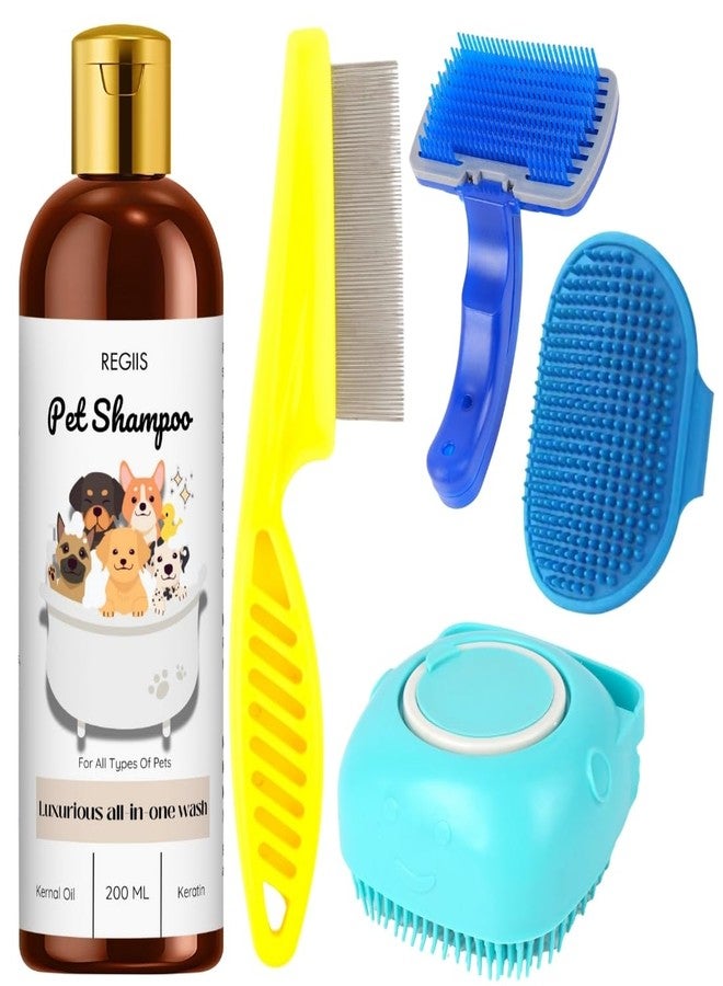 مجموعة ريجيس للعناية بالحيوانات الأليفة، شامبو للكلاب 200 مل مع الكيراتين وزيت نواة النخيل، غسول فاخر شامل، فرش سيليكون زرقاء، مشط أصفر، مجموعة استحمام كاملة لجميع أنواع الحيوانات الأليفة (5 قطع) - Image 1